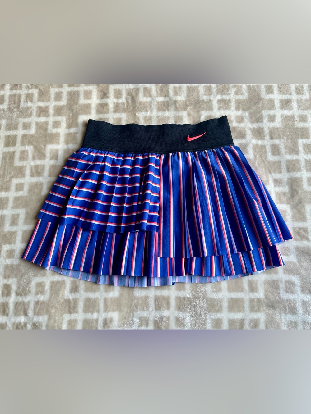 Nike Blue Striped Pleated Skater Skirt with Black Waistband and Pink Swoosh